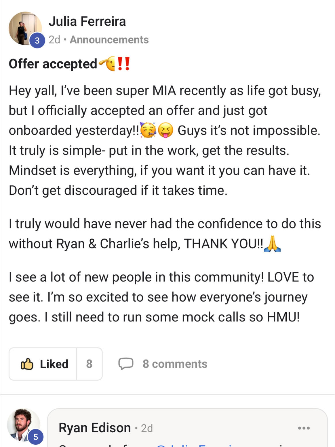 student win: offer accepted