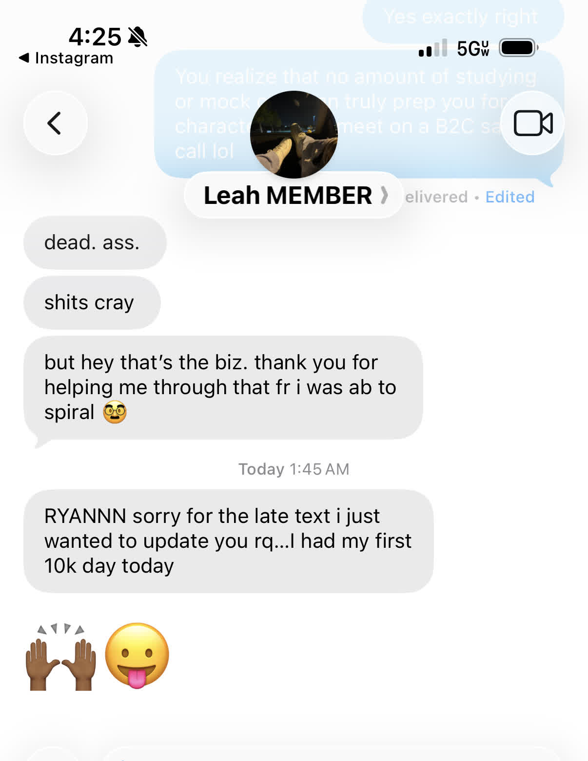 Leah texting Ryan about her first ten thousand dollar day